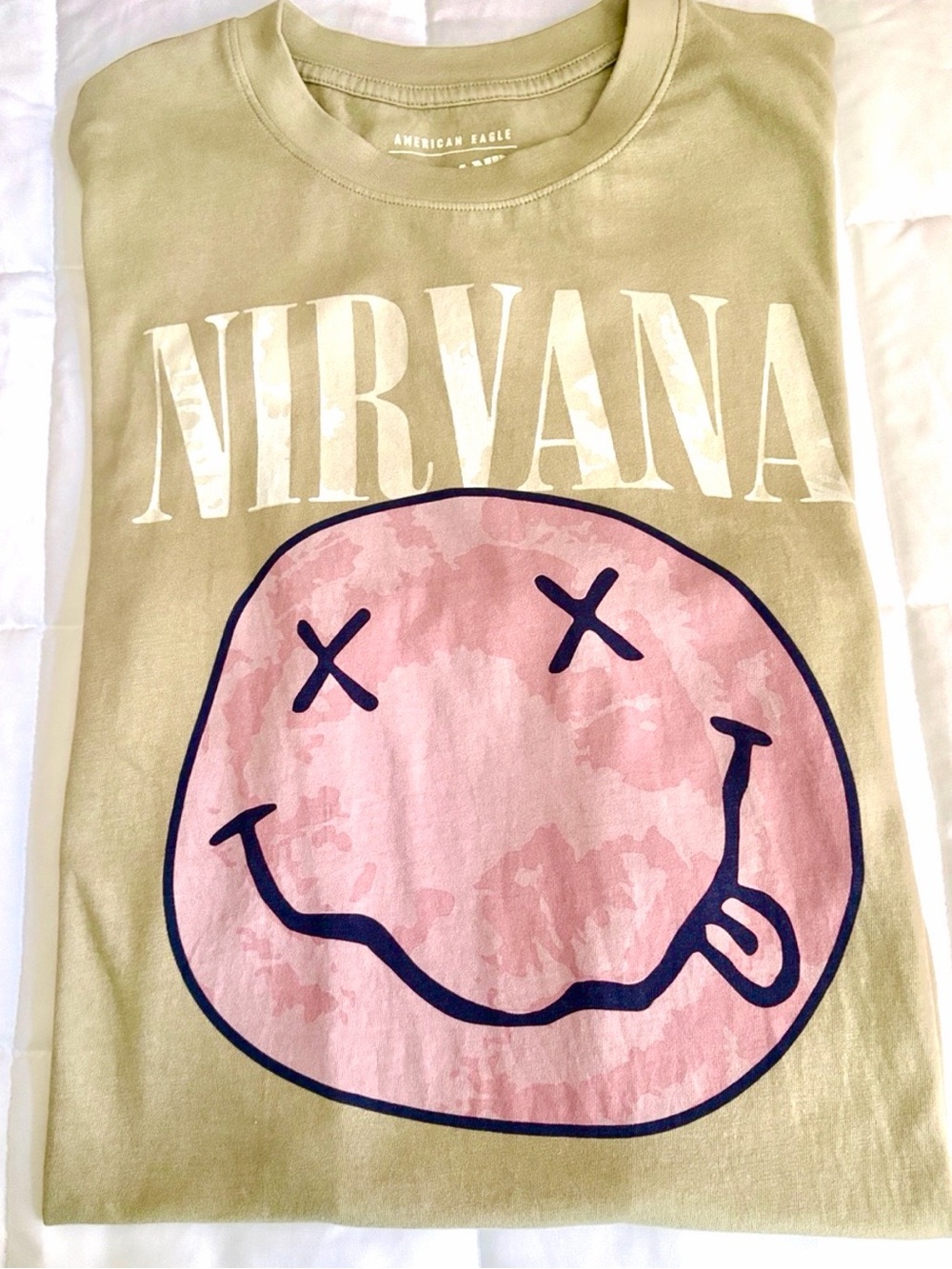 NIRVANA AE Green T-shirt with Pink Smiley Logo oversized XS/S